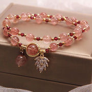 Buddha Stones Natural Strawberry Quartz Love Healing Maple Leaf Charm Double Wrap Bracelet