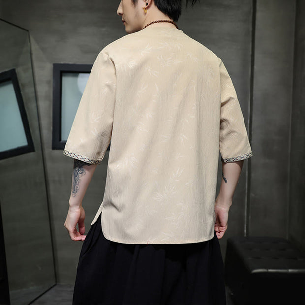 Buddha Stones Bamboo Leaves Frog-button Crew Neck Chinese Half Sleeve Shirt Men T-shirt