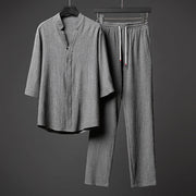 Buddha Stones 2Pcs Solid Color Texture Button Half Sleeve Shirt Pants Men's Set