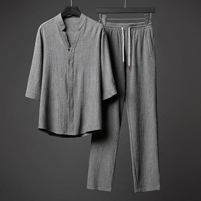 Buddha Stones 2Pcs Solid Color Texture Button Half Sleeve Shirt Pants Men's Set 2-Piece Outfit BS Gray 5XL(Fit for USUK/AU46; EU56)