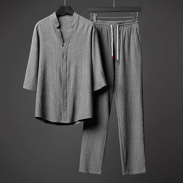 Buddha Stones 2Pcs Solid Color Texture Button Half Sleeve Shirt Pants Men's Set