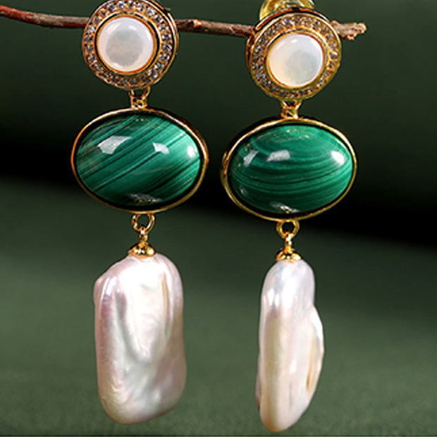 Buddha Stones 925 Sterling Silver Natural Baroque Pearl Malachite Healing Wisdom Drop Earrings 7