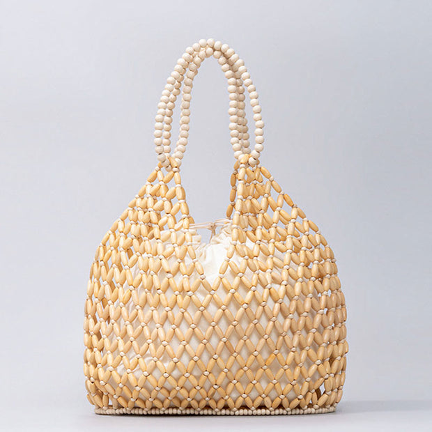 Buddha Stones Hand-woven Wooden Beads Shoulder Bag Handbags Shoulder Bag&Handbags BS Beige 27*12*29cm