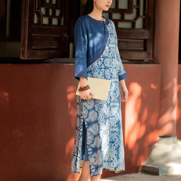 Buddha Stones Blue White Flower Pattern Midi Dress Meditation Three Quarter Sleeve Linen Dress With Pockets 2
