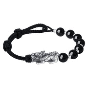 Buddha Stones 999 Sterling Silver FengShui PiXiu Natural Black Obsidian 925 Sterling Silver Bead Strength Bracelet