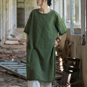 Buddha Stones Mid Length Dress Ramie Linen Half Sleeve Split Hem Top T-Shirt 2