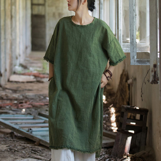 Buddha Stones Mid Length Dress Ramie Linen Half Sleeve Split Hem Top T-Shirt 2