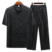 Buddha Stones Dragon Pattern Tang Suit Hanfu Traditional Uniform Short Sleeve Top Pants Clothing Men's Set