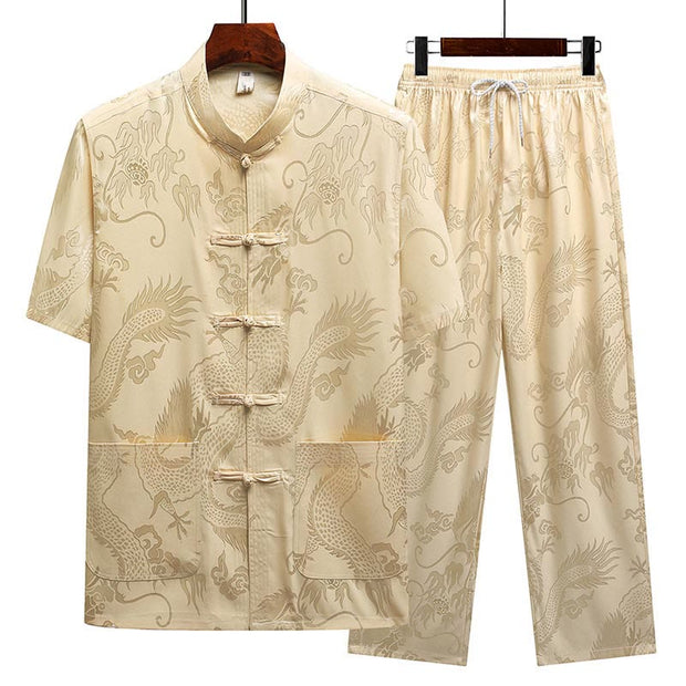 Buddha Stones Dragon Pattern Tang Suit Hanfu Traditional Uniform Short Sleeve Top Pants Clothing Men's Set