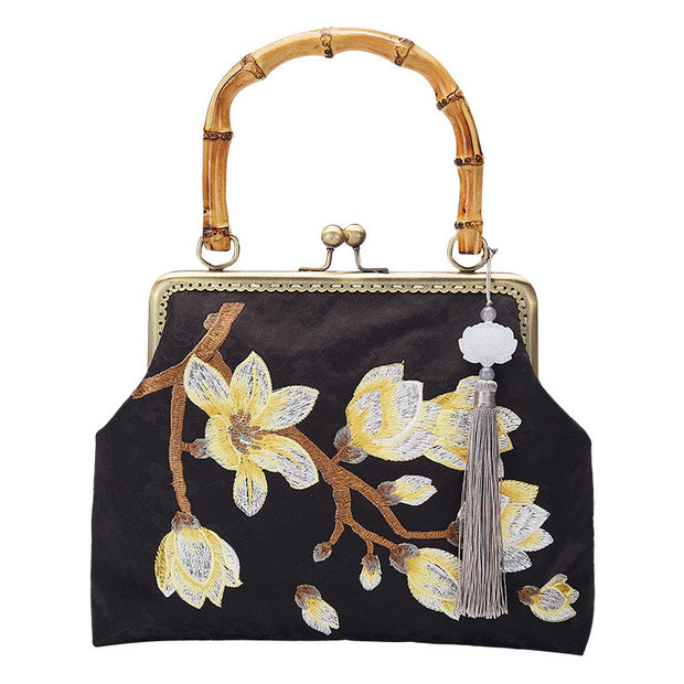 Buddha Stones Plum Blossom Embroidery Bamboo Handle Handbag Crossbody Bag Crossbody Bag&Handbags BS 3