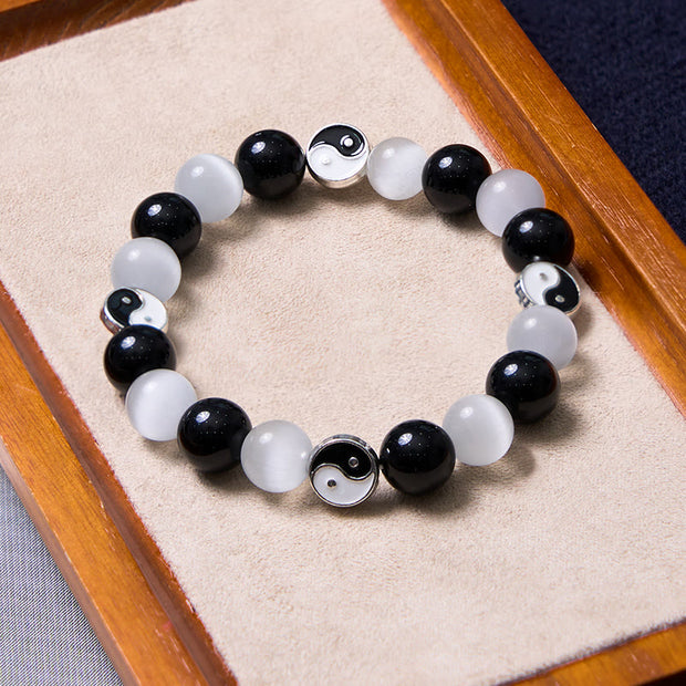 Buddha Stones Black Obsidian Cat's Eye Yin Yang Purification Strength Bracelet Bracelet BS 1