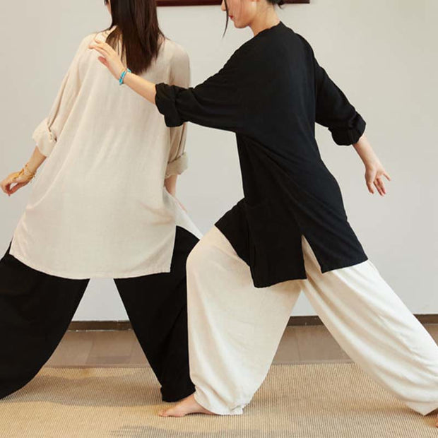 Buddha Stones Plain Long Sleeve Coat Jacket Top Wide Leg Pants Zen Tai Chi Yoga Meditation Clothing Clothes BS 11