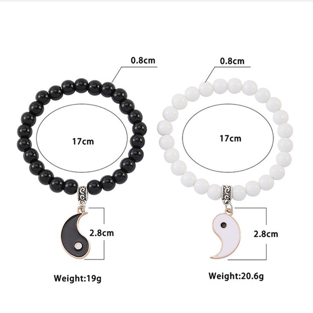 Buddha Stones 2Pcs Black Onyx White Turquoise Bead Yin Yang Protection Couple Bracelet Bracelet BS 16
