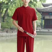 Buddha Stones 2Pcs Men's Short Sleeve Shirt Top T-Shirt Pants Meditation Zen Tai Chi Cotton Linen Clothing Set Men's Meditation Cloth BS Wine Red(Top Only) 6XL(Bust 138cm/Waist 86-150cm/Hips 144cm)