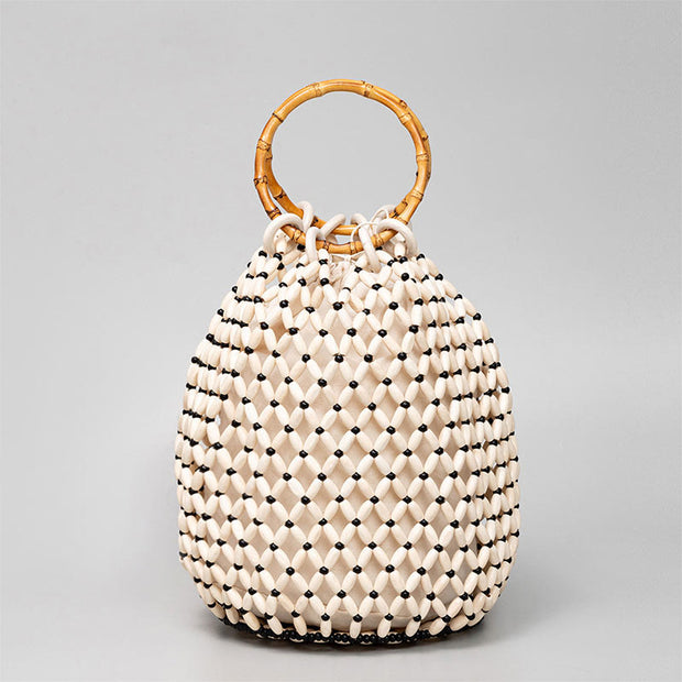 Buddha Stones Hand-woven Wooden Beads Bamboo Handle Shoulder Bag Handbag Handbags BS Ivory 20*20*28.6cm