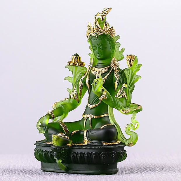 Buddha Stones Bodhisattva Green Tara Handmade Liuli Crystal Art Piece Protection Home Office Statue Decoration