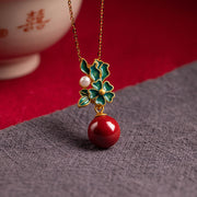 Buddha Stones 925 Sterling Silver Plated Gold Cinnabar Pearl Flower Blessing Necklace Pendant Earrings Ring Set Bracelet Necklaces & Pendants BS 4