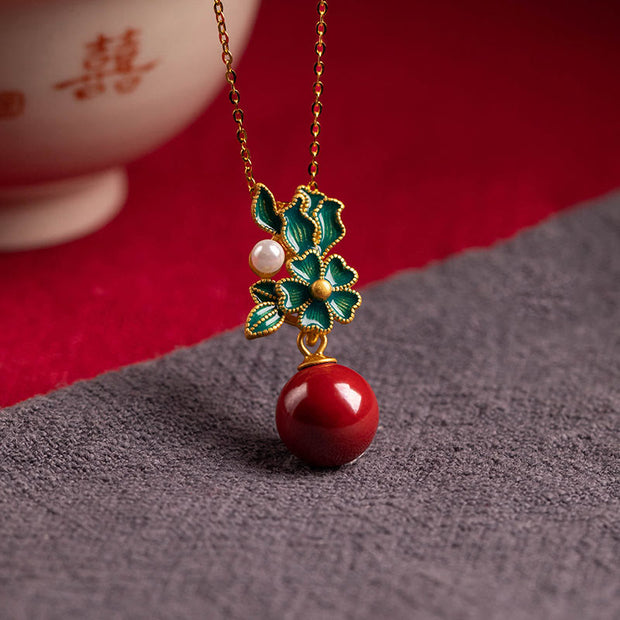 Buddha Stones 925 Sterling Silver Plated Gold Cinnabar Pearl Flower Blessing Necklace Pendant Earrings Ring Set