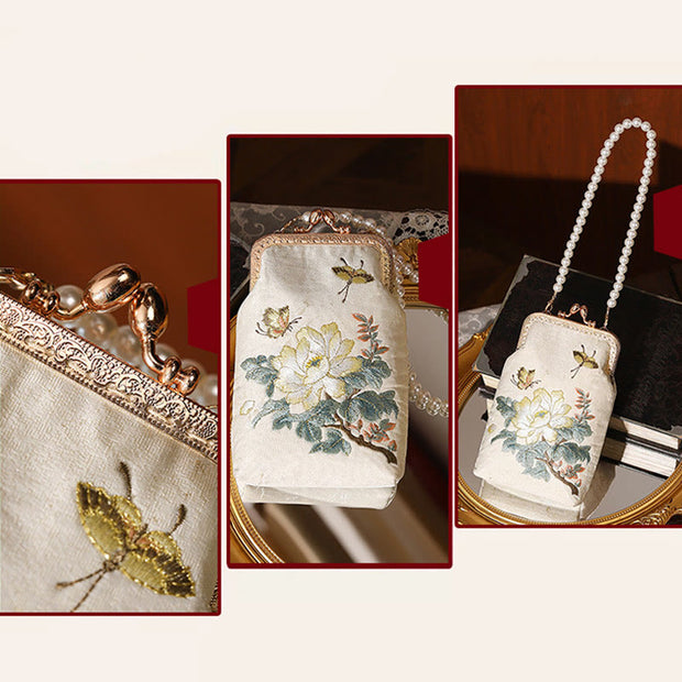 Buddha Stones Small Flowers Butterfly Embroidered Pearl Metal Chain Shoulder Bag Crossbody Handbag Cellphone Bag Crossbody Bag BS 9