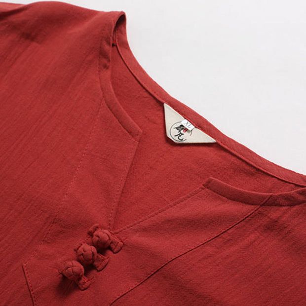 Buddha Stones Men's Solid Color V-Neck Button Short Sleeve Cotton Linen Shirt