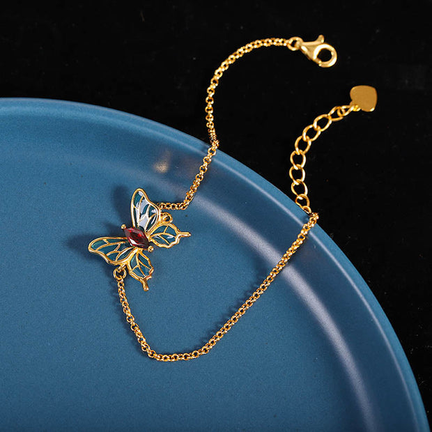 Buddha Stones 925 Sterling Silver Plated Gold Garnet Butterfly Freedom Bracelet Ring Earrings Set Bracelet Necklaces & Pendants BS 9