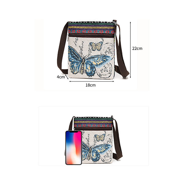 Buddha Stones Elephant Butterfly Embroidered Canvas Tote Bag Shoulder Bag Crossbody Bag