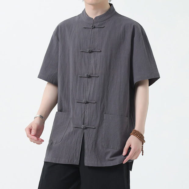 Buddha Stones Frog-Button Chinese Tang Suit Short Sleeve Shirt Linen Men Clothing With Pockets Men's Shirts BS Gray 5XL(Fit for USUK/AU46; EU56)