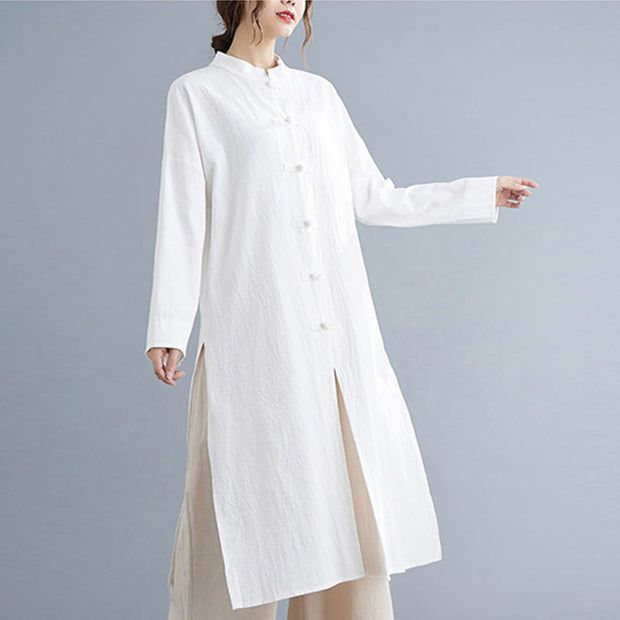 Buddha Stones Women Frog-Button Long Sleeve Shirt Top For Meditation Tai Chi Women's Meditation Cloth BS White(Top Only) 2XL(Bust 120cm/Shoulder 58cm/Length 112cm)