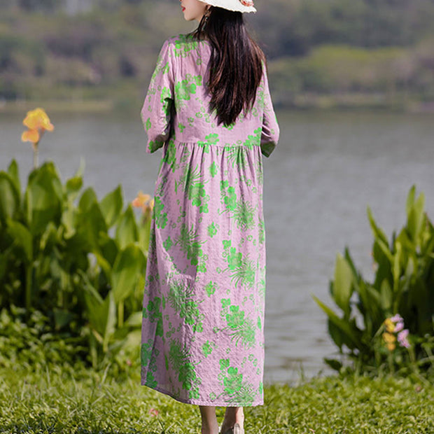 Buddha Stones Flowers Print Midi Dress Cotton Linen Tunic Dress With Pockets
