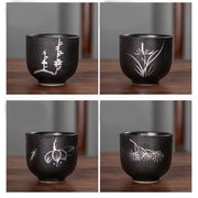 Buddha Stones Hand Painted Lotus Flower Bamboo Chrysanthemum Black Pottery Ceramic Teacup Kung Fu Tea Cup 95ml Cup BS 19