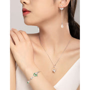 Buddha Stones Natural Chalcedony Green Jade Peace Buckle Lotus Positive Necklace Pendant Bracelet Earrings Ear Clips Set