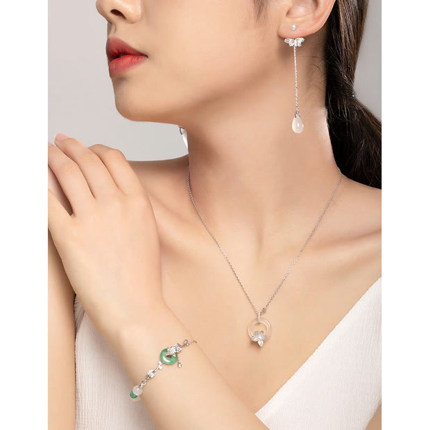 Buddha Stones Natural Chalcedony Green Jade Peace Buckle Lotus Positive Necklace Pendant Bracelet Earrings Ear Clips Set Bracelet Necklaces & Pendants BS 3