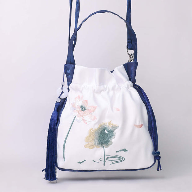 Buddha Stones Embroidered Lotus Koi Fish Crane Camellia Cotton Linen Tote Crossbody Bag Shoulder Bag Handbag Crossbody Bag BS 6