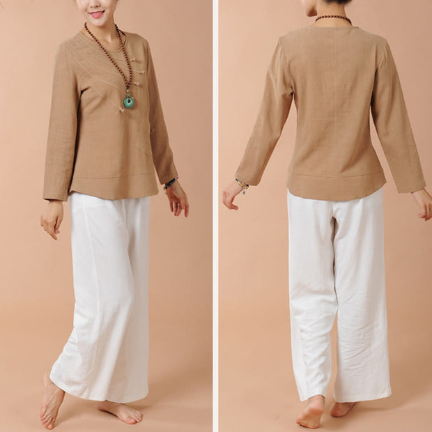 Buddha Stones 2Pcs Long Sleeve T-Shirt Tee Pants Meditation Zen Tai Chi Linen Clothing Women's Set