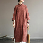 Buddha Stones Flower Jacquard Midi Dress Long Sleeve Cotton Linen Dress Wide Leg Pants With Pockets 46