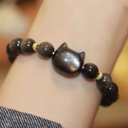 Buddha Stones Gold Sheen Obsidian Silver Sheen Obsidian Lovely Paw Lucky Cat Protection Bracelet