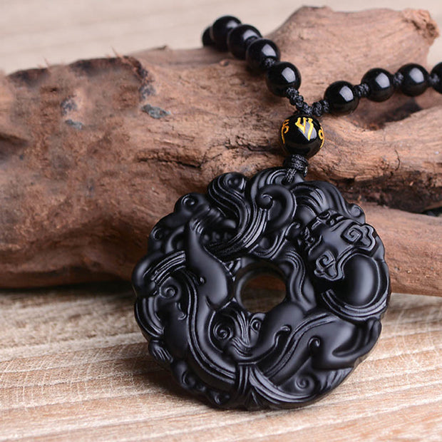 Buddha Stones Natural Black Obsidian Peace Buckle Pixiu Purification Necklace Pendant Necklaces & Pendants BS 11