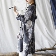 Buddha Stones Blue White Flowers Frog-Button Long Sleeve Ramie Linen Jacket Shirt With Pockets 3