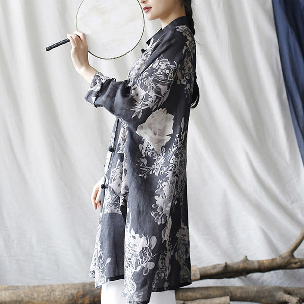 Buddha Stones Blue White Flowers Frog-Button Long Sleeve Ramie Linen Jacket Shirt With Pockets