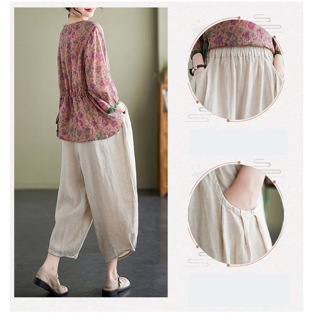 Buddha Stones 2Pcs Small Flower Tee T-shirt Cotton Linen Harem Pants Set