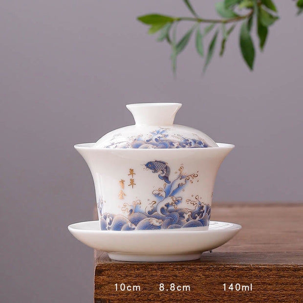 Buddha Stones White Porcelain Mountain Landscape Countryside Ceramic Gaiwan Teacup Kung Fu Tea Cup And Saucer With Lid