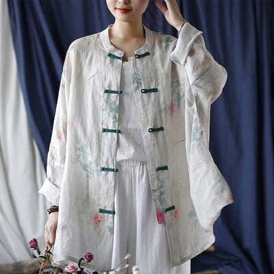 Buddha Stones White Red Flowers Green Leaves Frog-Button Long Sleeve Ramie Linen Jacket Shirt 1