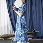 Buddha Stones Ramie Linen Blue White Flowers Branches Cheongsam Dresses Short Sleeve Dress