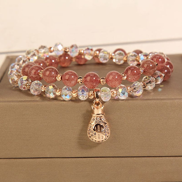 Buddha Stones Strawberry Quartz White Crystal Money Bag Charm Positive Bracelet Bracelet BS 6
