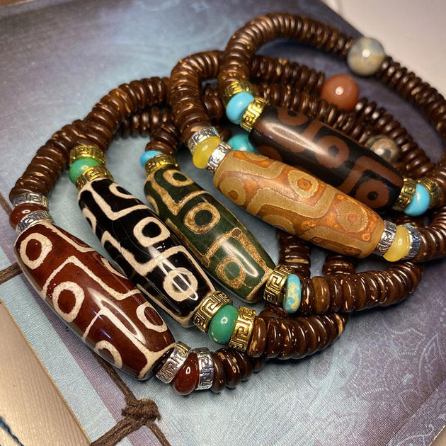 Tibet Agate Nine Eyes Dzi Bead Bracelet – Natural Jade, Men & Women Spiritual Jewelry