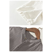 Buddha Stones Solid Color Short Sleeve Half Button Shirt Cotton Linen Men Clothing
