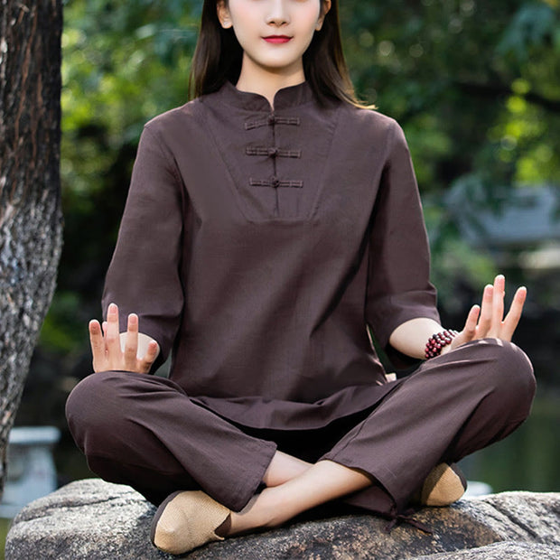Buddha Stones 2Pcs Half Sleeve Shirt Top Pants Meditation Zen Tai Chi Cotton Linen Clothing Women's Set Women's Meditation Cloth BS Brown(Top&Pants) 2XL(Bust 108cm/Waist 72-108cm/Pants Length 102cm)