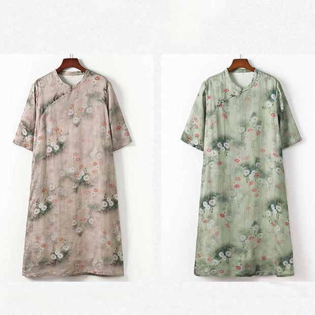 Buddha Stones Vintage Flowers Half Sleeve Ramie Linen Cheongsam Midi Dress With Pockets