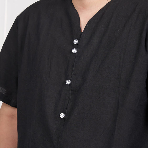 Buddha Stones Men's Short Sleeve Button Down Cotton Linen Shirt Men's Shirts BS 6