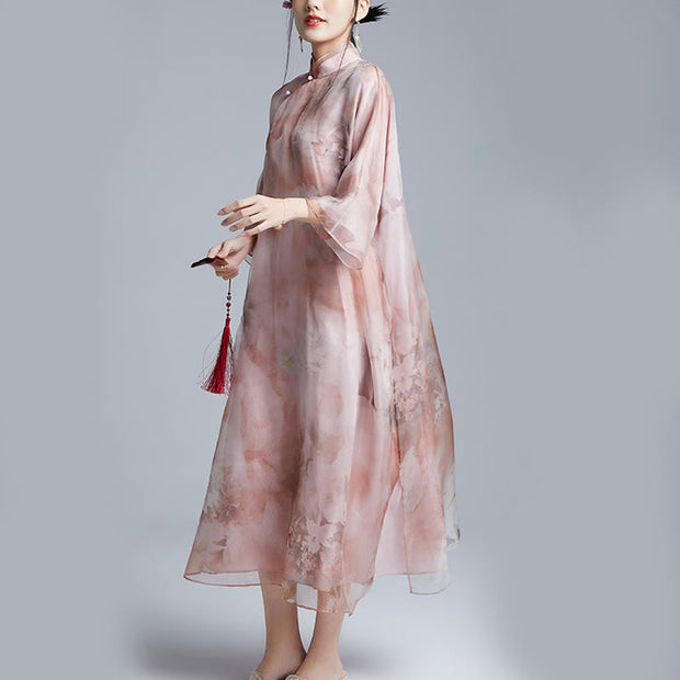 Buddha Stones 100% Mulberry Silk Organza Dress Flowers Print Qipao Cheongsam Dress